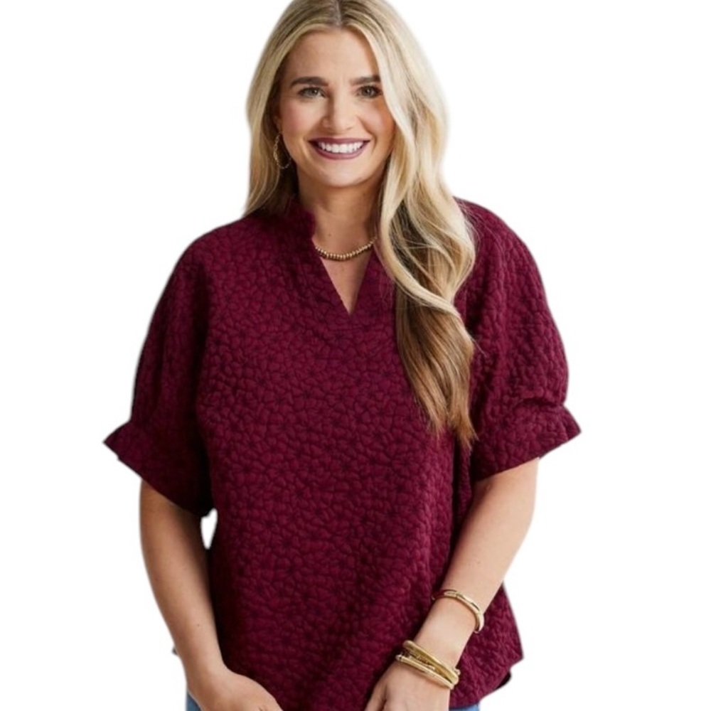 Women's Textured V-Neck Blouse - Burgundy